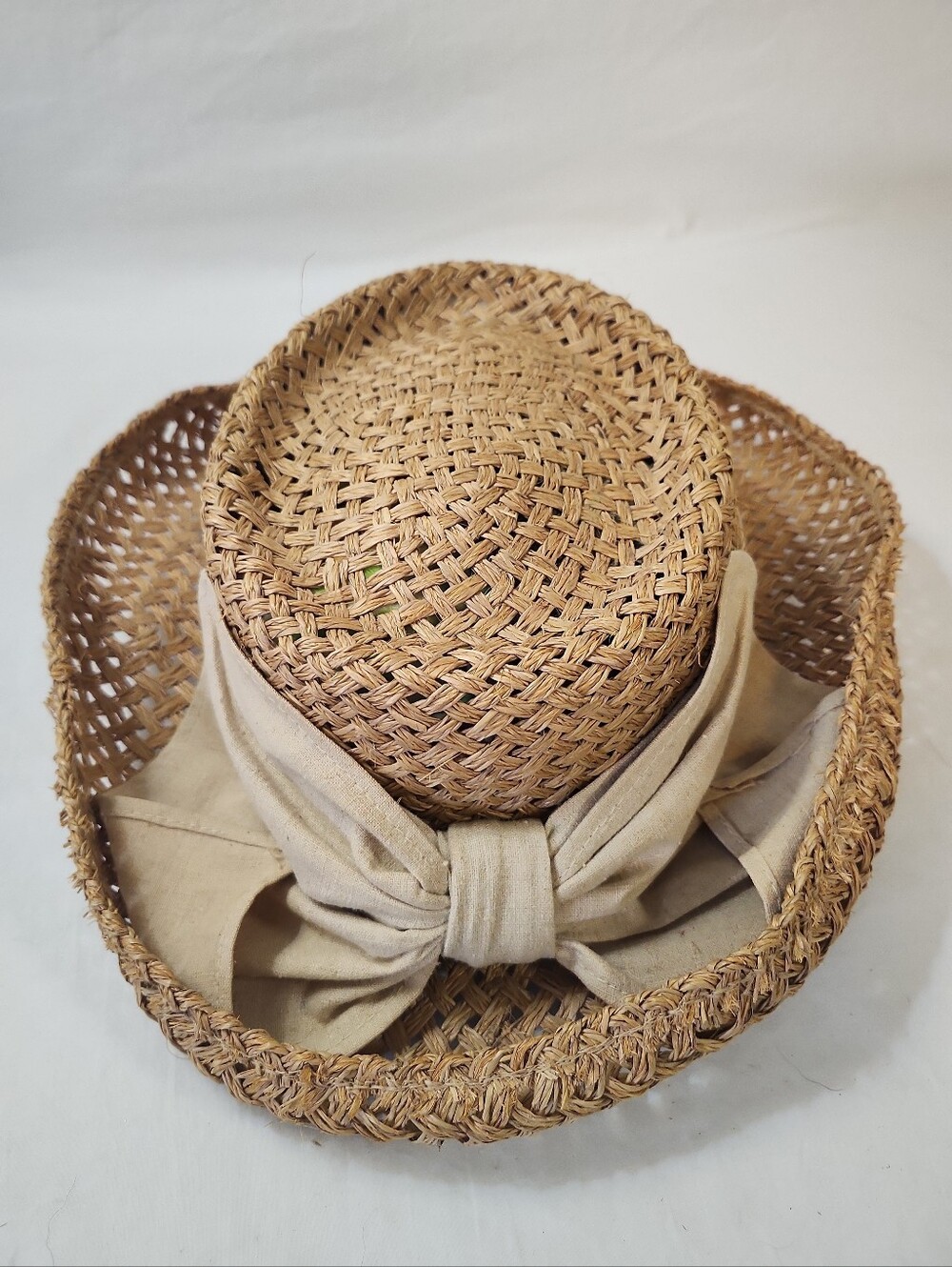 Vtg Women's Fiesta Santa Barbara Woven Straw Boater Sun Hat Rolled Brim Bow Med